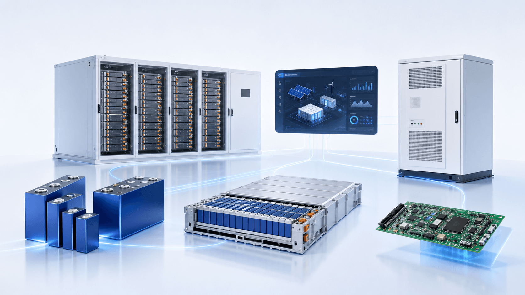 Integrated BESS ecosystem with cells, battery modules, BMS, PCS, EMS and container systems