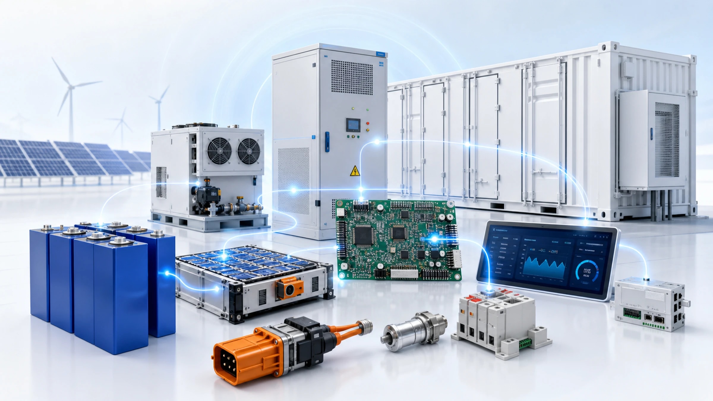 Complete BESS component ecosystem including cells, battery module, BMS, PCS, EMS, cooling, safety and high-voltage components
